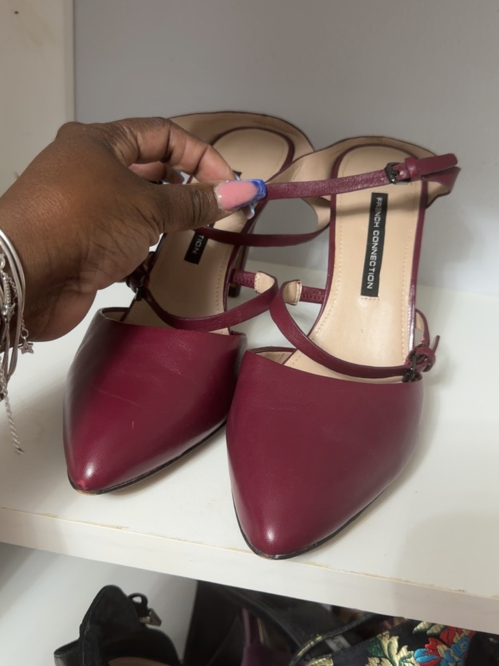 French Connection Women's Burgundy Pointed-Strap Heels